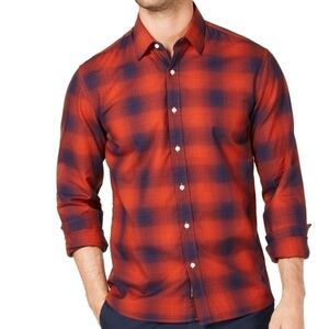 Michael Kors Mens Button Up Shirt Slim Fit Stretch Cadmium Red Blue Plaid Large